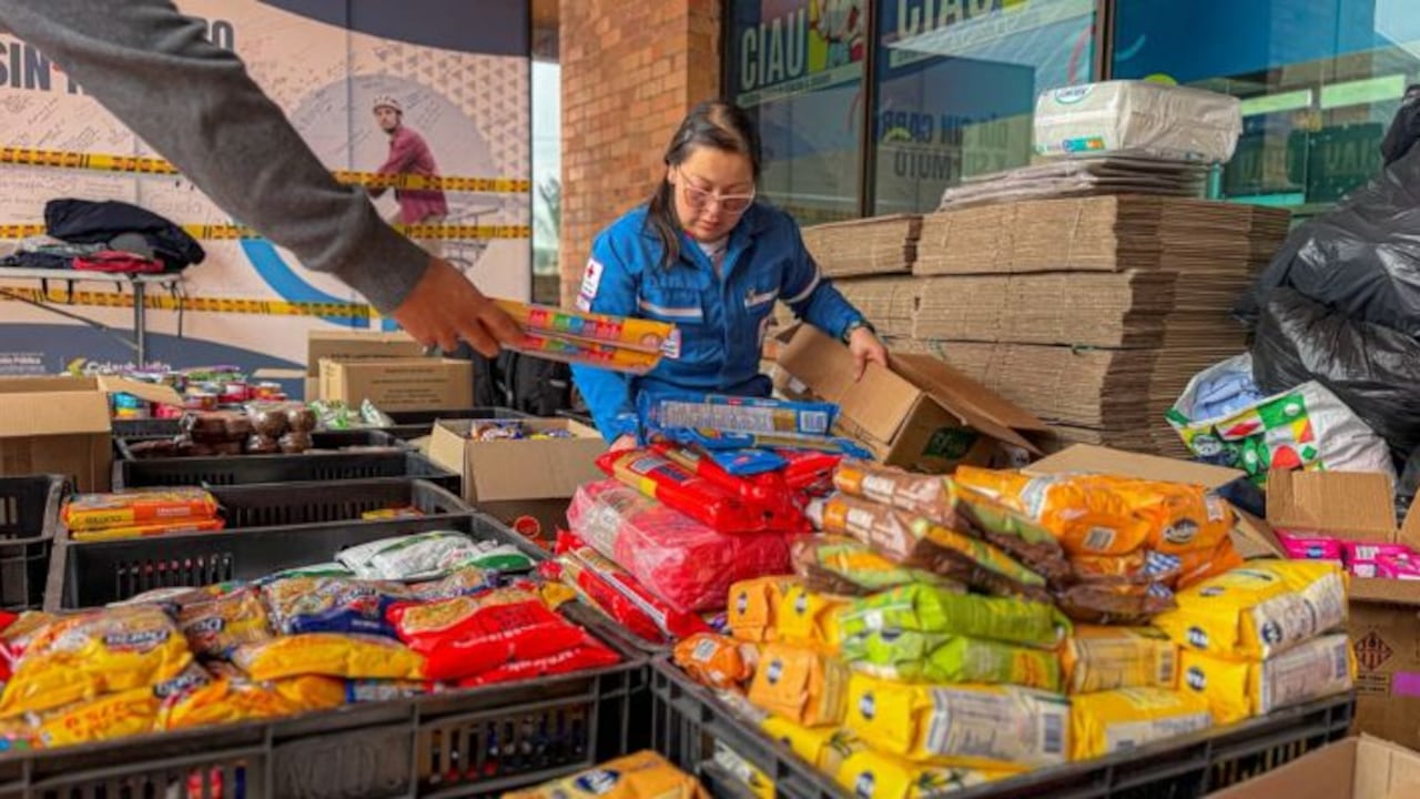 Miembro de la Cruz Roja Colombiana organizando alimentos de ayuda humanitaria