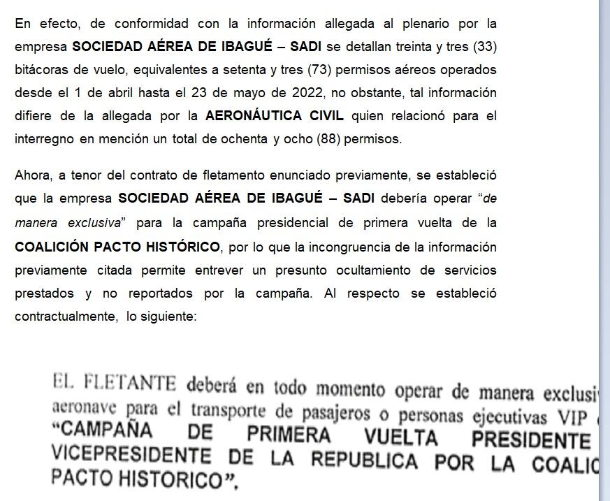 Este es un apartado del expediente del CNE contra la campaña Petro Presidente en el que se detallan los vuelos contratados con la empresa Sadi.