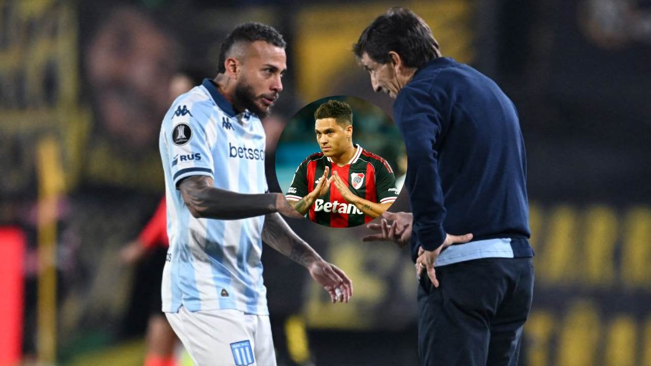 Duván Vergara habla con el técnico Gustavo Costas / Juanfer Quintero celebra el gol contra Racing.