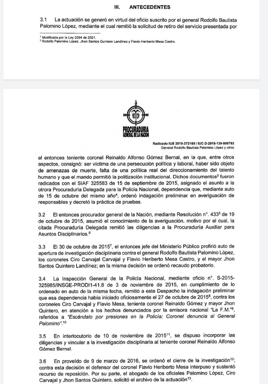 Fragmento proceso en Procuraduría contra el general (r) Rodolfo Palomino