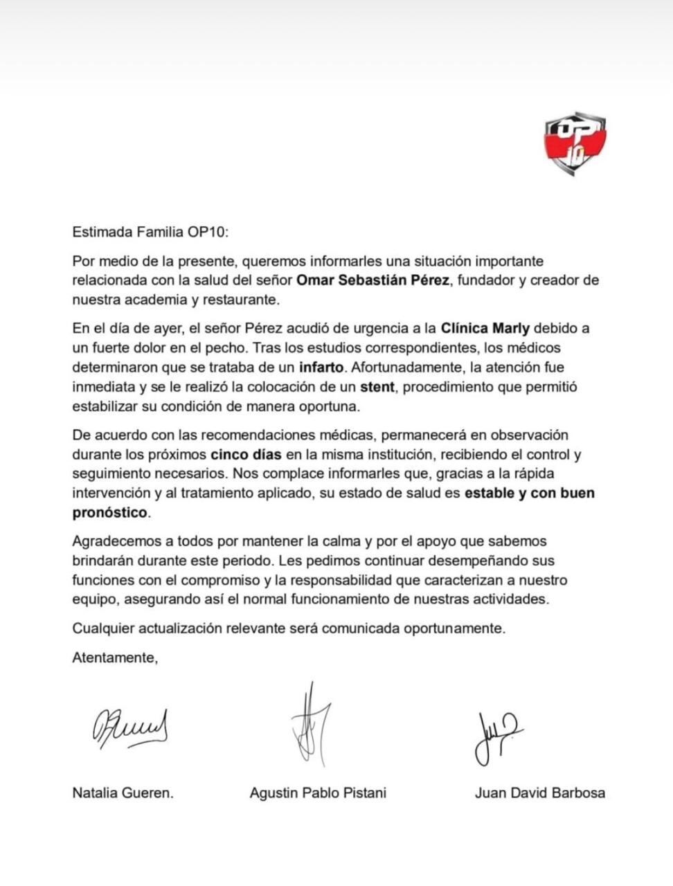 Comunicado oficial sobre la salud e Omar Pérez, ídolo de Santa Fe.