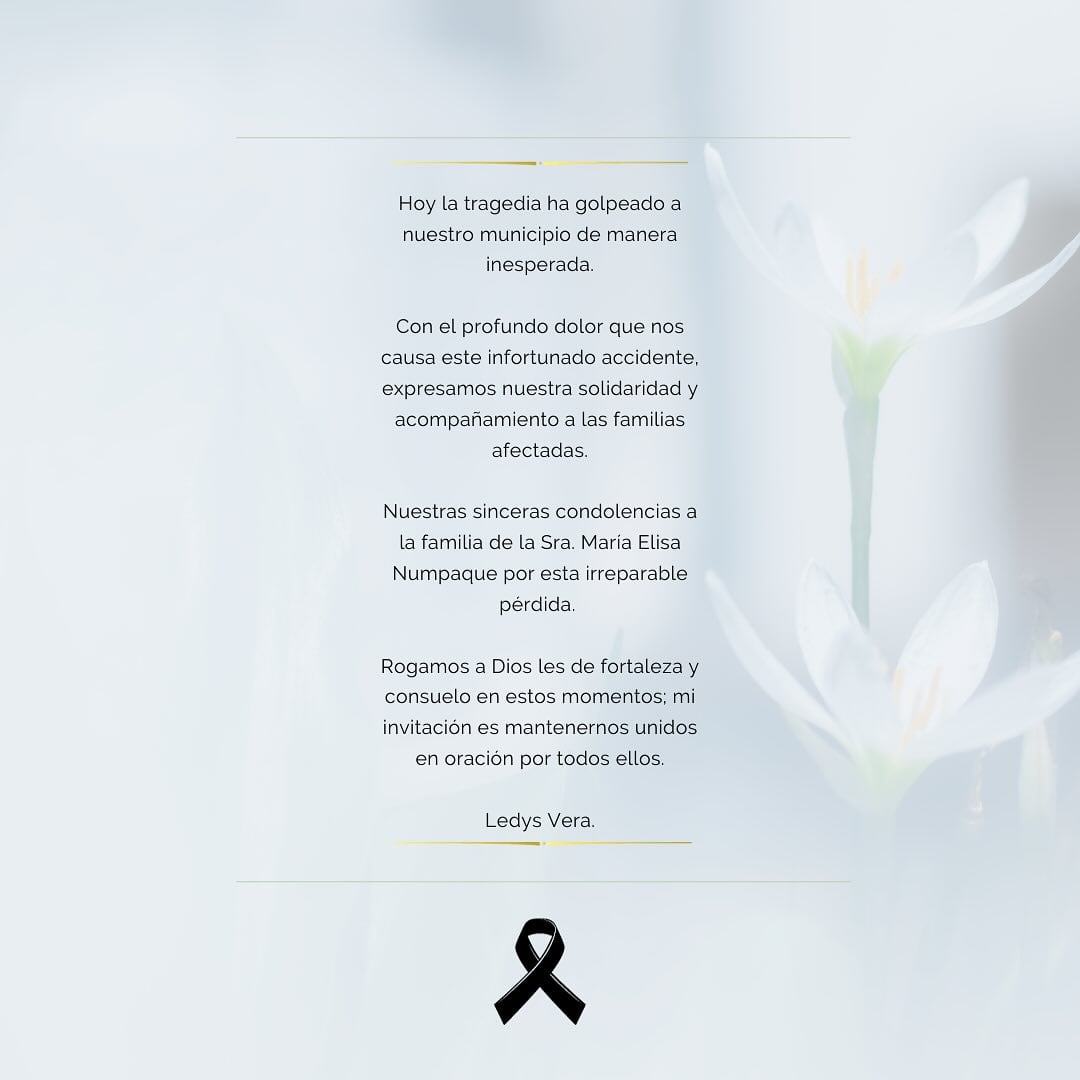 Mensaje de condolencia de Ledys Vera a las familias afectadas.