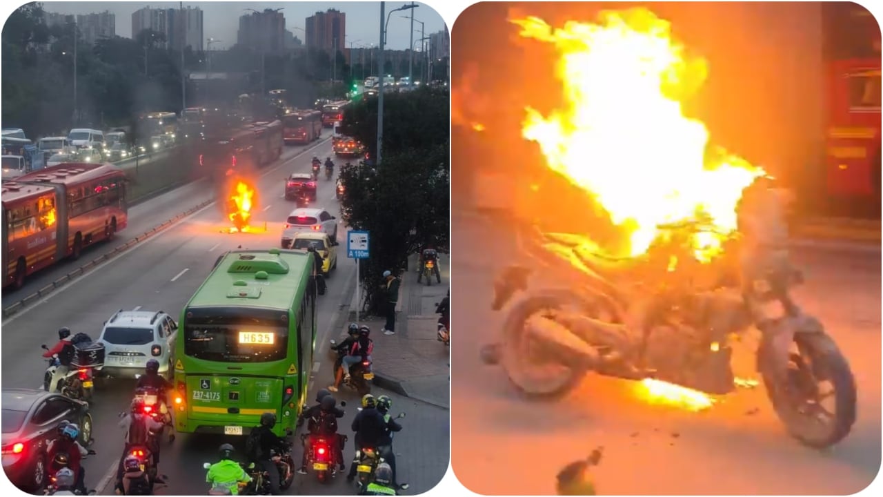 Una motocicleta envuelta en llamas sobre el carril de la autopista Sur interrumpe el flujo vehicular, mientras autobuses del sistema masivo y otros vehículos transitan por el carril mixto (izq.) y se observa en detalle el vehículo envuelto en fuego (der.).