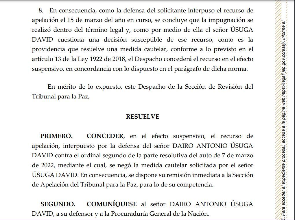 JEP admitió recurso contra la extradición de Otoniel.
