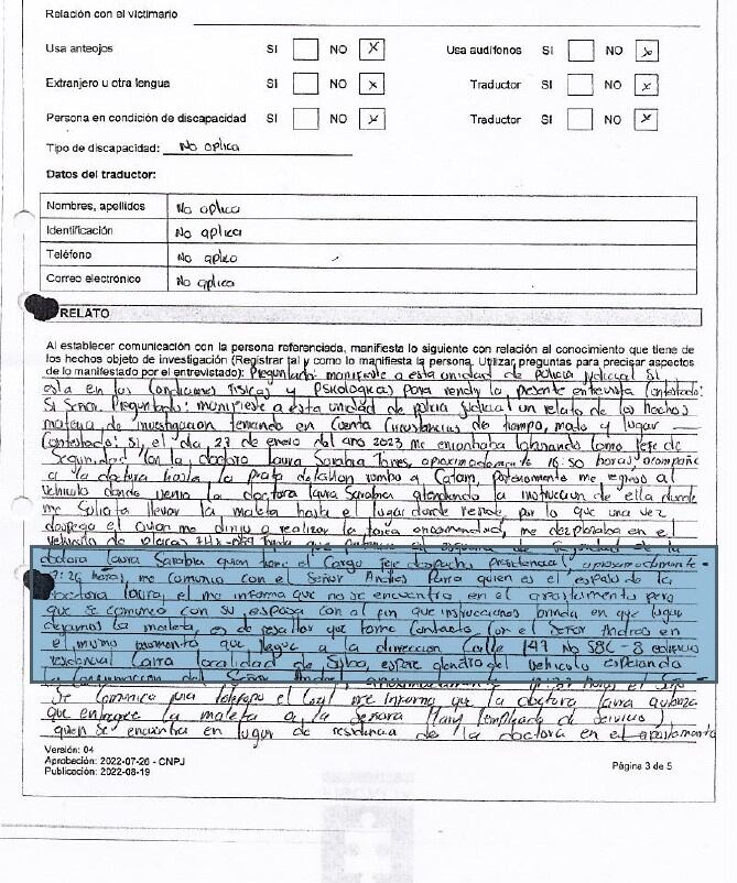 La teniente Sandy Alvernia Guerrero, encargada de la seguridad de Laura Sarabia, entonces jefe de Gabinete del Gobierno Nacional,