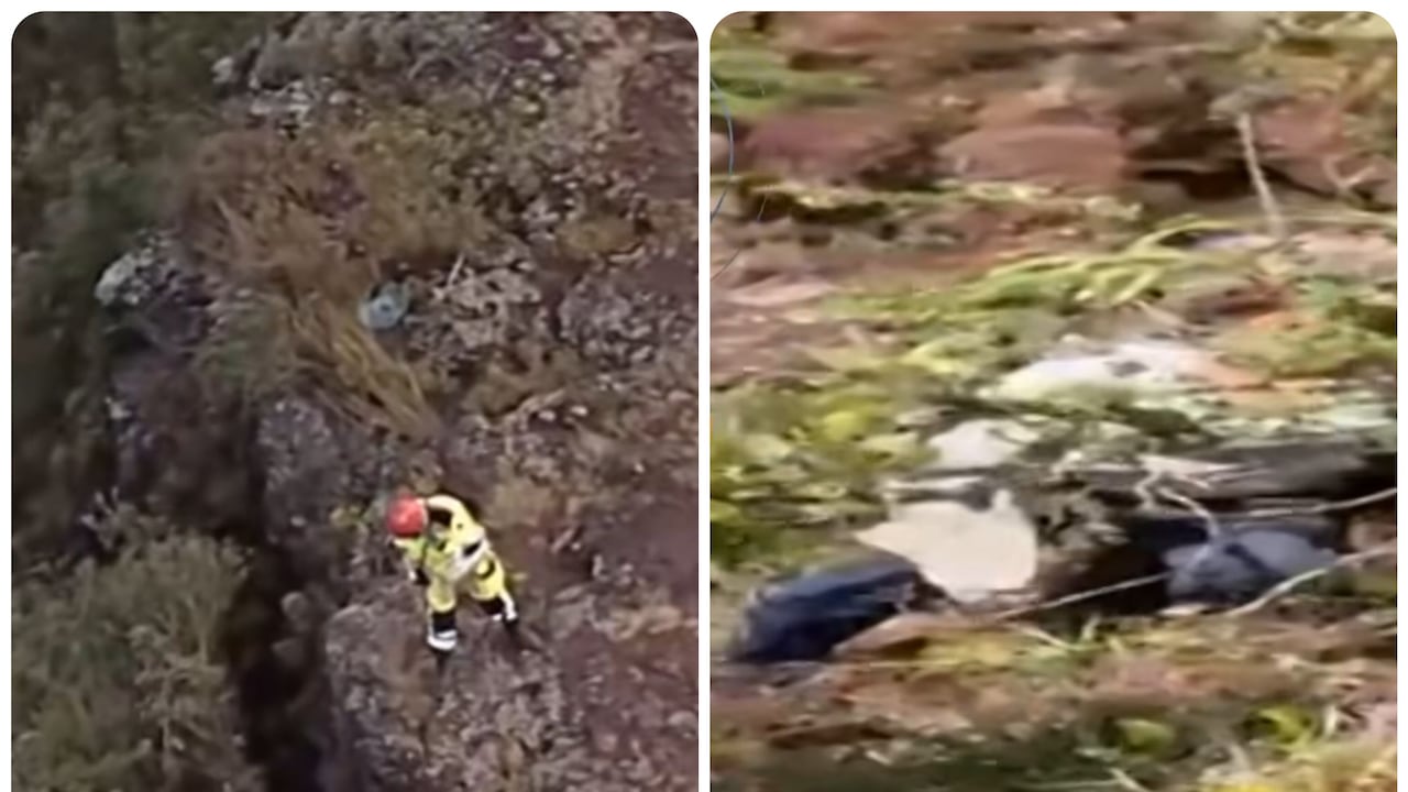 Bomberos rescatan a mujer que habría sido lanzada por su pareja a un risco.