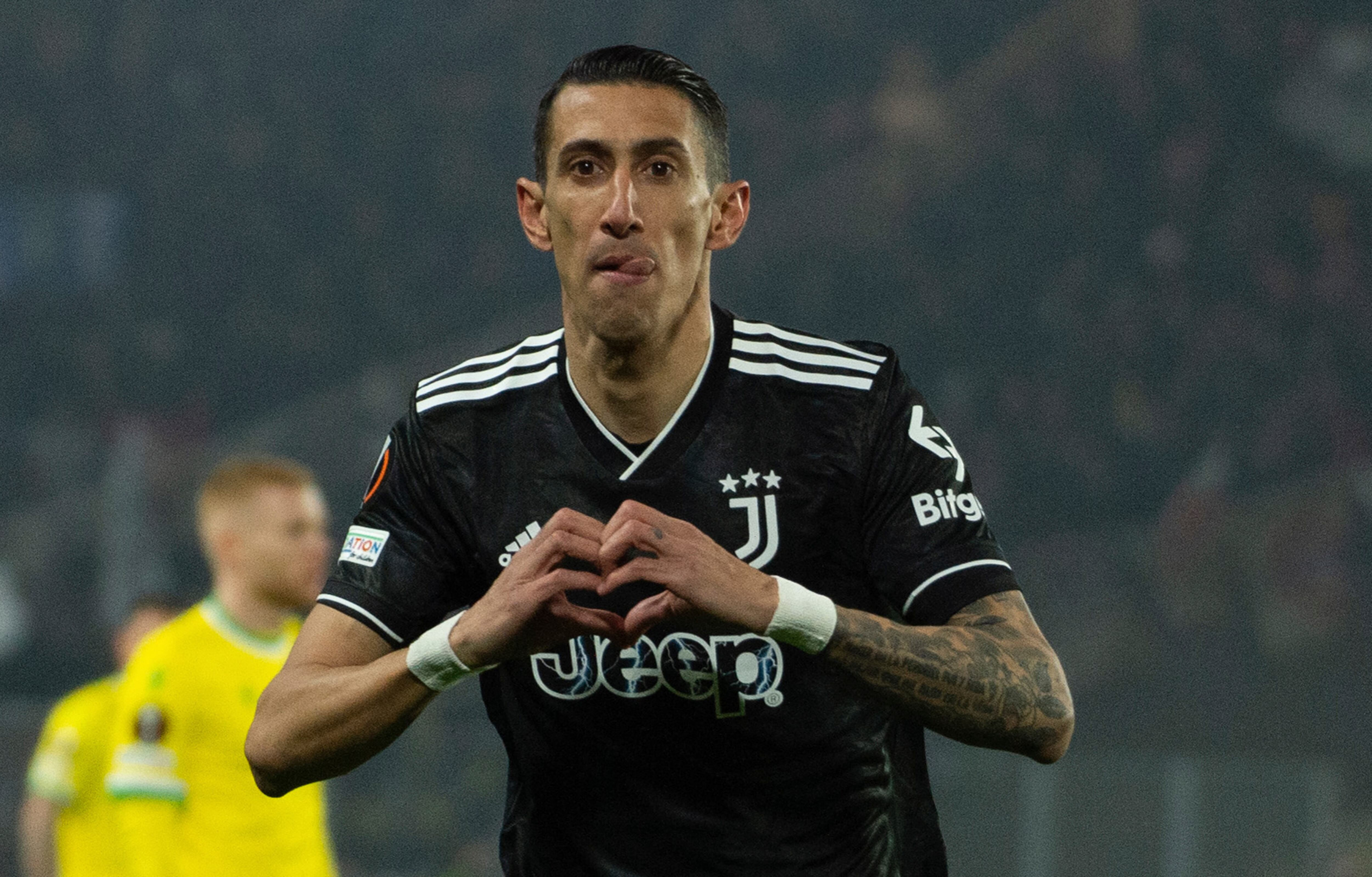 Juventus' Angel Di Maria reacts after scoring his side opening goal during their during the Europa League play-off second leg soccer match between Nantes and Juventus FC at the La Beaujoire stadium, Thursday, Feb.23, 2023 in Nantes, western France. (AP Photo/Mathieu Pattier)