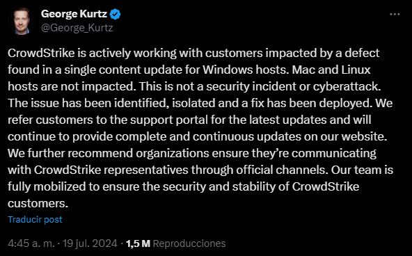 George Kurtz, CEO de CrowdStrike, señaló que ya trabajan en la solución del problema.