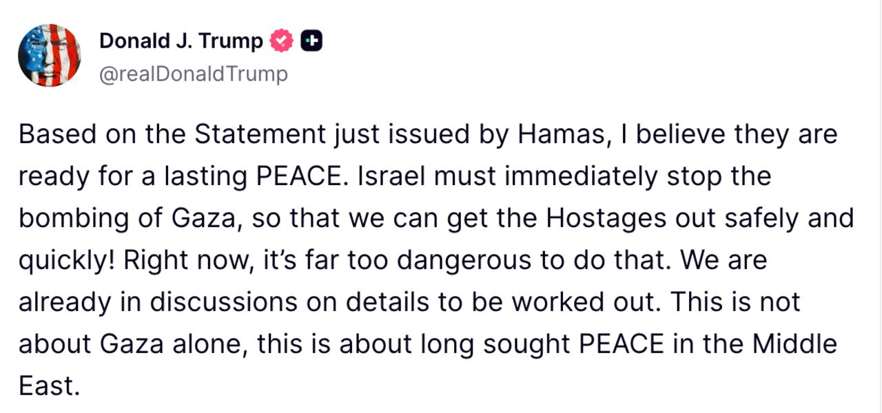 Mensaje emitido por el presidente Trump en su red social