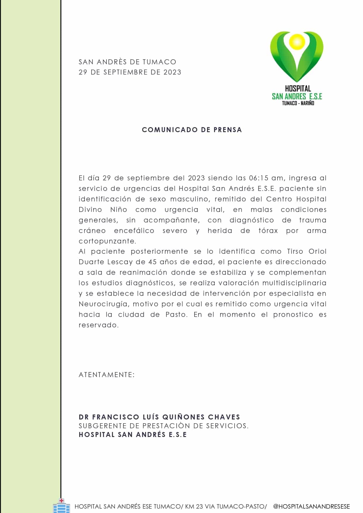 Comunicado del Hospital San Andrés de Tumaco sobre el estado de salud de Tirso Duarte.