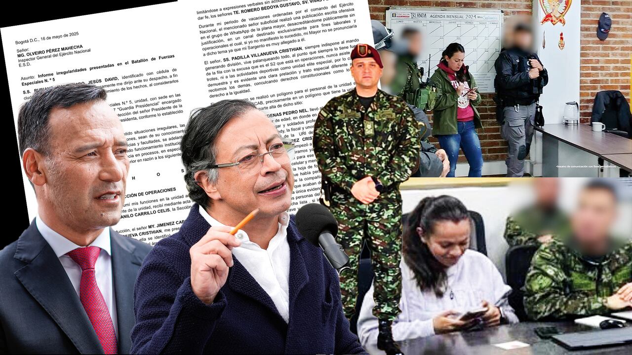 La inspección del Ejército tenía conocimiento de la presencia de una falsa capitana (mujer de blanco) en la seguridad presidencial desde hace cuatro meses. En la foto, el ministro de Defensa, Pedro Sánchez; el presidente Gustavo Petro y el sargento, Jesús David Rubiano.