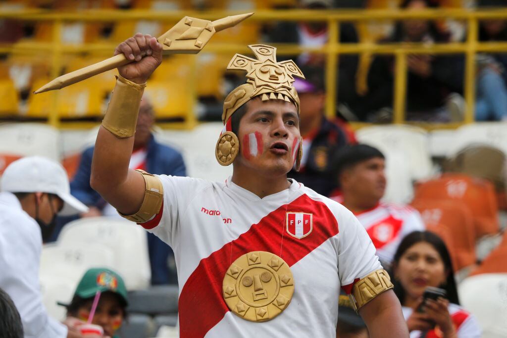 MIRAFLORES, BOLIVIA - NOVEMBER 16:  A Fan of Peru in an Inca costume cheers for his team prior a FIFA World Cup 2026 Qualifier match between Bolivia and Peru at Estadio Hernando Siles on November 16, 2023 in Miraflores, Bolivia. (Photo by Gaston Brito Miserocchi/Getty Images)