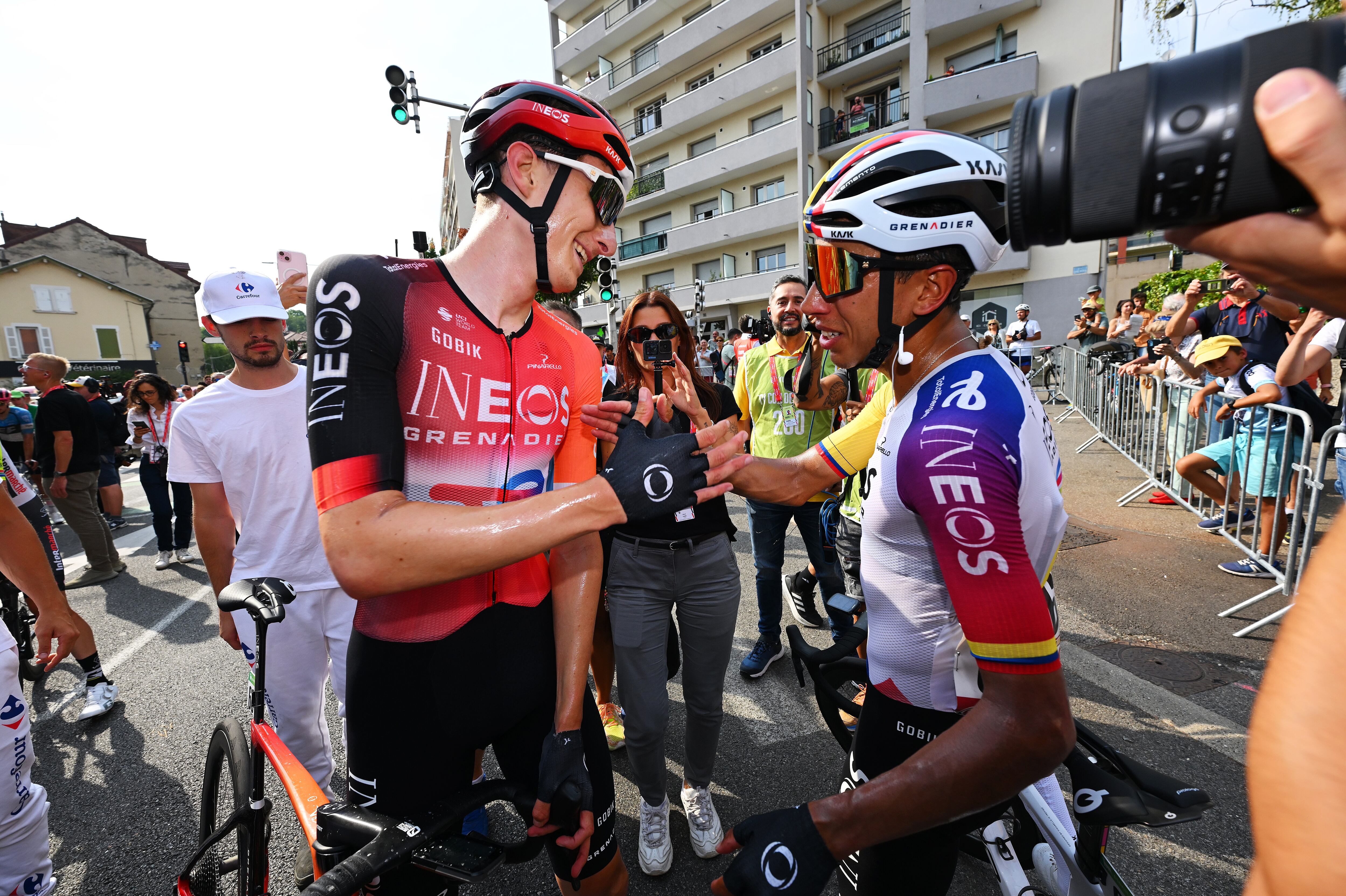 VOIRON, FRANCE - AUGUST 26: (L-R) Stage winner Ben Turner of Great Britain and Egan Bernal of Colombia and Team INEOS Grenadiers react after the La Vuelta - 80th Tour of Spain 2025, Stage 4 a 206.7km stage from Susa to Voiron / #UCIWT / on August 26, 2025 in Voiron, France. (Photo by Tim de Waele/Getty Images)