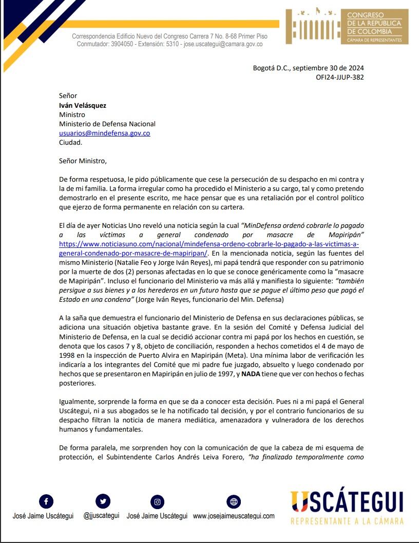 Esta fue la carta presentada por el representante José Jaime Uscátegui al Ministerio de Defensa.