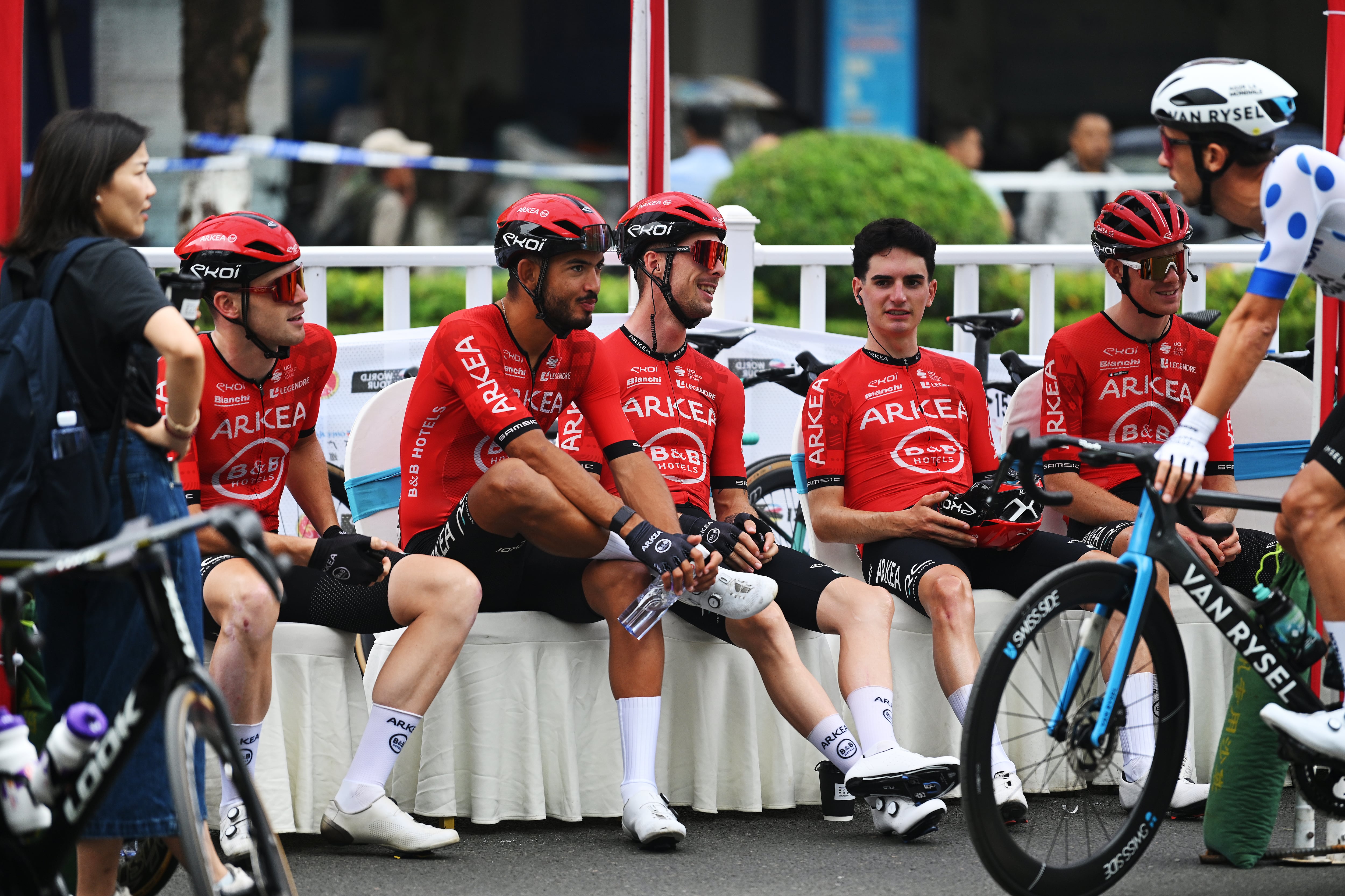 JINGXI, CHINA - OCTOBER 17: A general view of Ewen Costiou of France, David Dekker of The Netherlands, Elie Gesbert of France, Donavan Grondin of France, Mathis Le Berre of France and Team Arkea - B&B Hotels prior to the 5th Gree-Tour Of Guangxi 2024, Stage 3 a 214km stage from Jingxi to Bama / #UCIWT / on October 17, 2024 in Jingxi, China. (Photo by Dario Belingheri/Getty Images)