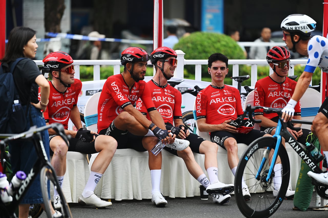 JINGXI, CHINA - OCTOBER 17: A general view of Ewen Costiou of France, David Dekker of The Netherlands, Elie Gesbert of France, Donavan Grondin of France, Mathis Le Berre of France and Team Arkea - B&B Hotels prior to the 5th Gree-Tour Of Guangxi 2024, Stage 3 a 214km stage from Jingxi to Bama / #UCIWT / on October 17, 2024 in Jingxi, China. (Photo by Dario Belingheri/Getty Images)