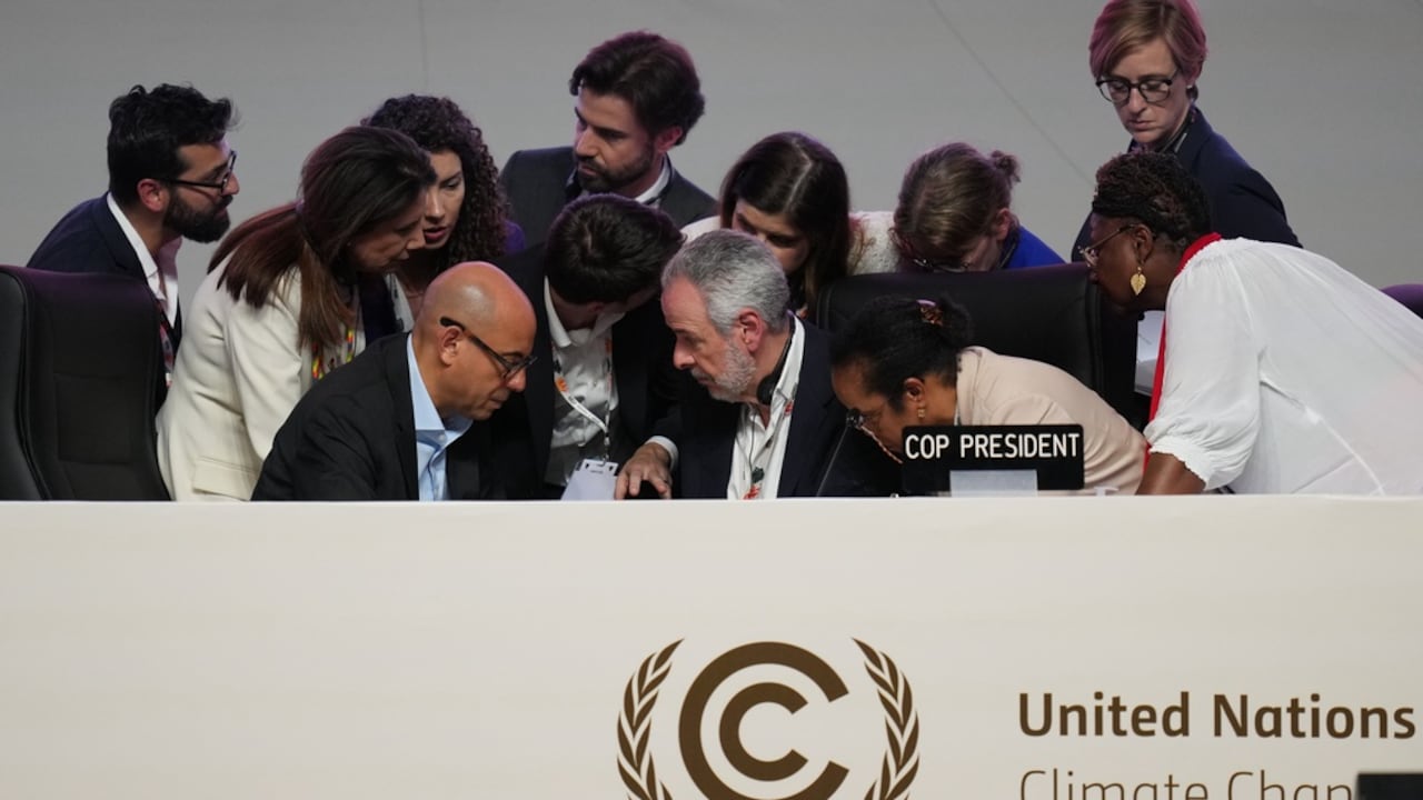 André Corrêa do Lago, presidente de la COP30 (centro), y Simon Stiell, responsable del clima de las Naciones Unidas (adelante a la izquierda), durante una sesión plenaria de la Cumbre del Clima de la ONU COP30.