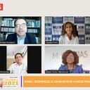 Arriba de izq. a der.: Carlos Rodríguez, subdirector de SEMANA; Sandra Forero, presidenta de Camacol y Jaime Cabal, presidente de Fenalco. Abajo de izq. a der.: Fabián Hernández, CEO de Telefónica Colombia; Mabel Torres, ministra de Ciencias; y Jonathan Malagón, ministro de Vivienda.