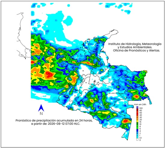 Mapa climático de Colombia para el miércoles 13 de agosto.