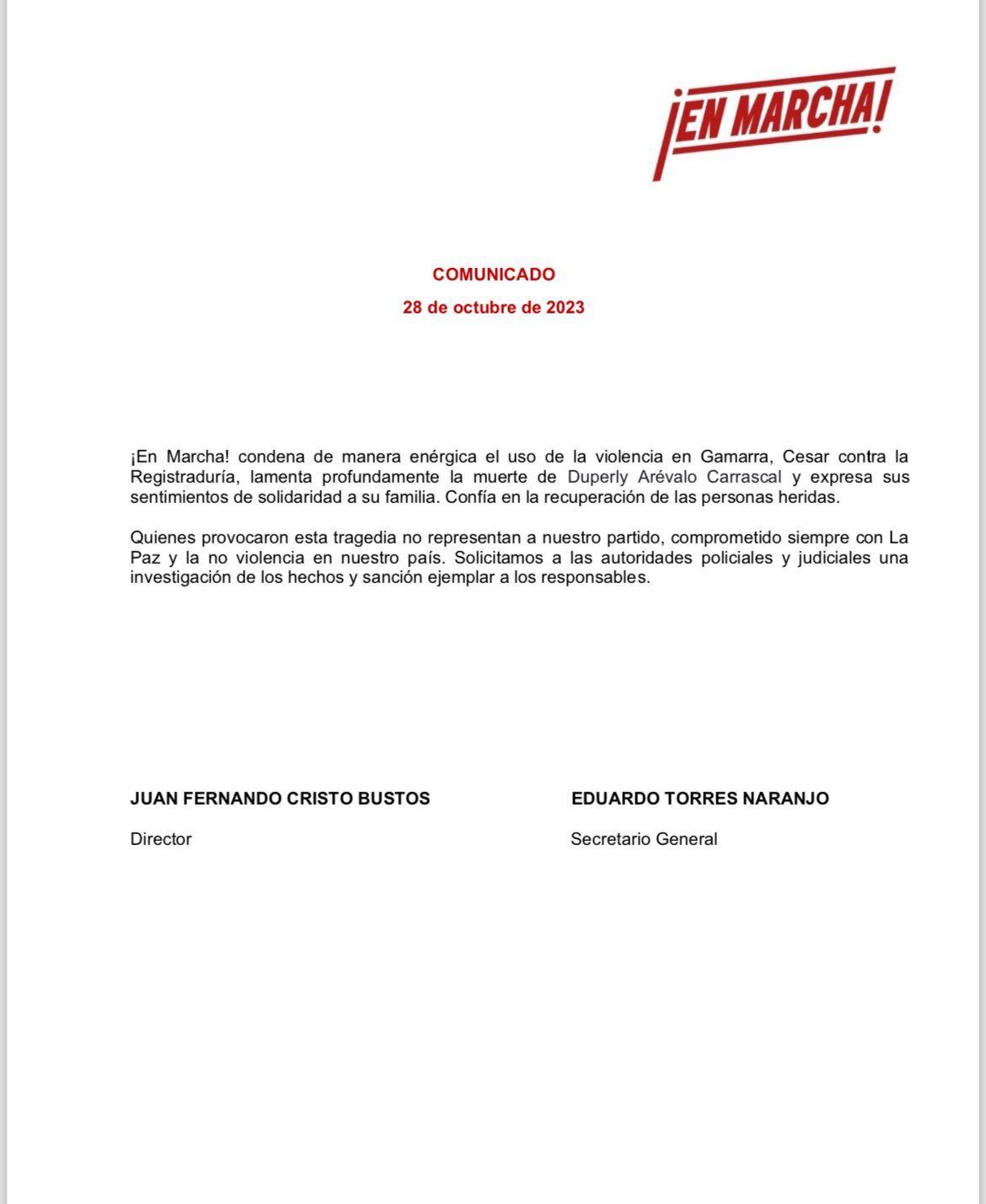 Este es el comunicado donde el partido político en Marcha rechaza el ataque a la Registraduría en Sucre. A este partido pertenece el candidato que fue revocado y por el cual se habría desatado la acción criminal que dejó un muerto y varios heridos.