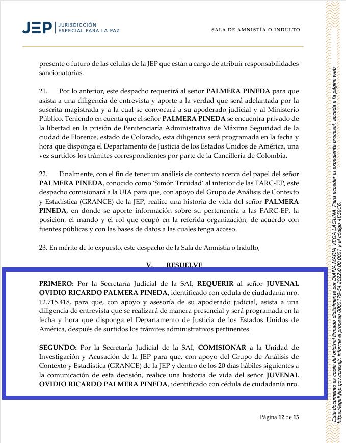 JEP pide audiencia presencial con Simón Trinidad para detallar su rol en las FARC
