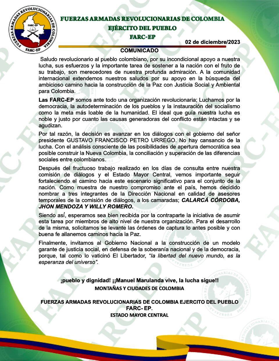 Comunicado de las disidencias de Iván Mordisco.