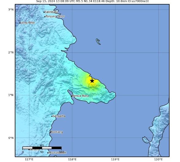 Mapa de temblores de tierra estimados en el más reciente sismo de Indonesia