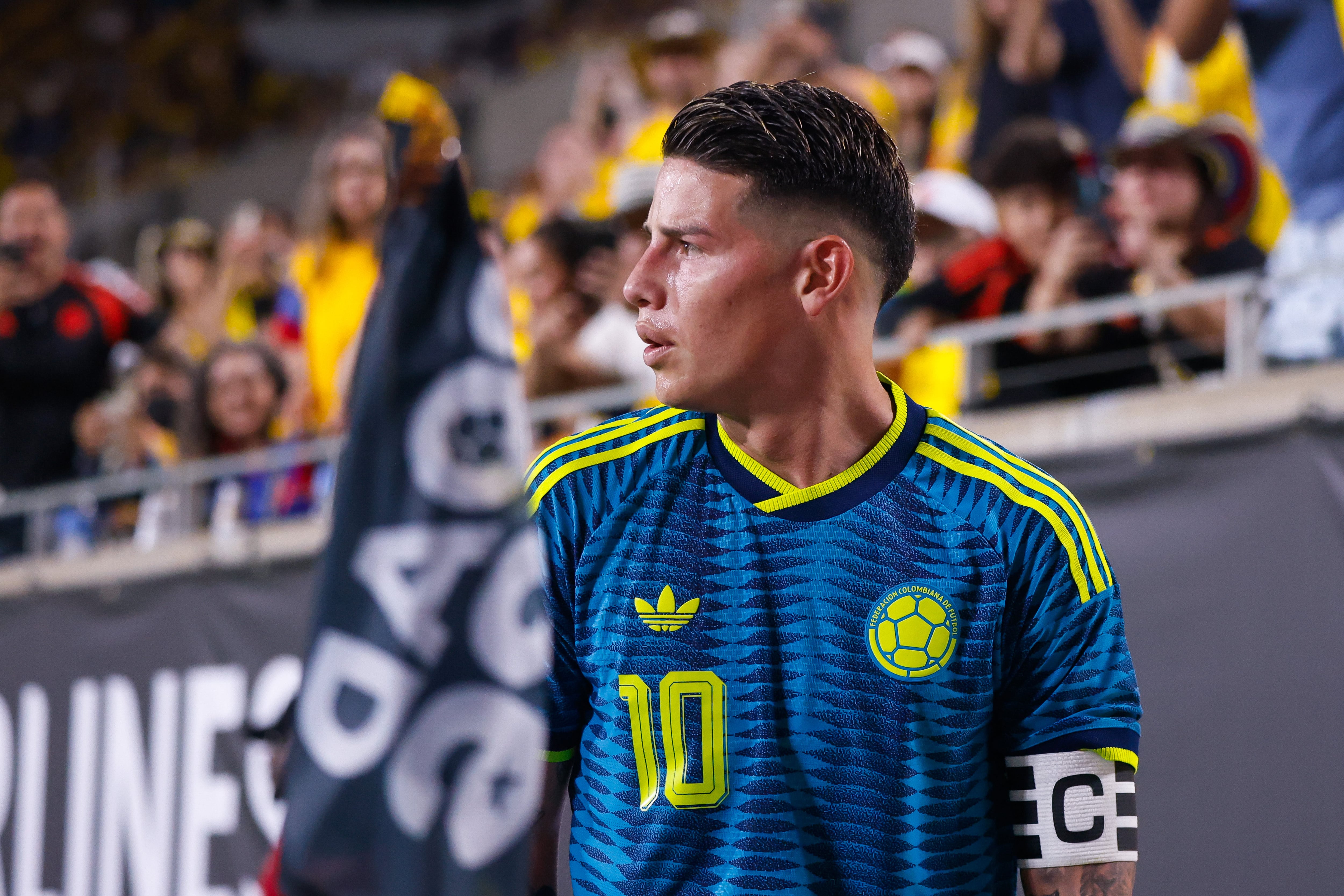 ORLANDO, FL - MARCH 26: Colombia midfielder James Rodríguez (10) looks on during the Road to 26 match between Colombia and Croatia on Thursday, March 26, 2026 at Camping World Stadium in Orlando, FL. (Photo by Chris Arjoon/Icon Sportswire via Getty Images)