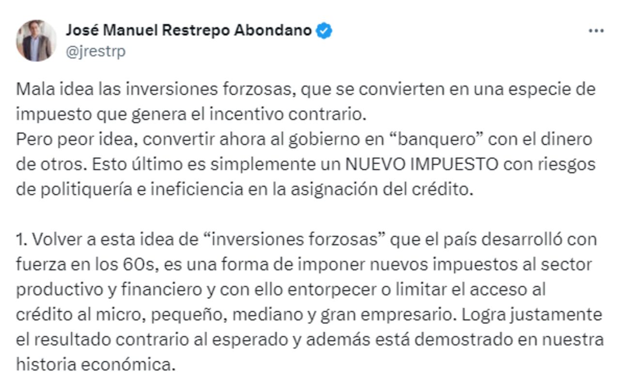 El exministro José Manuel Restrepo se pronunció sobre las inversiones forzosas.