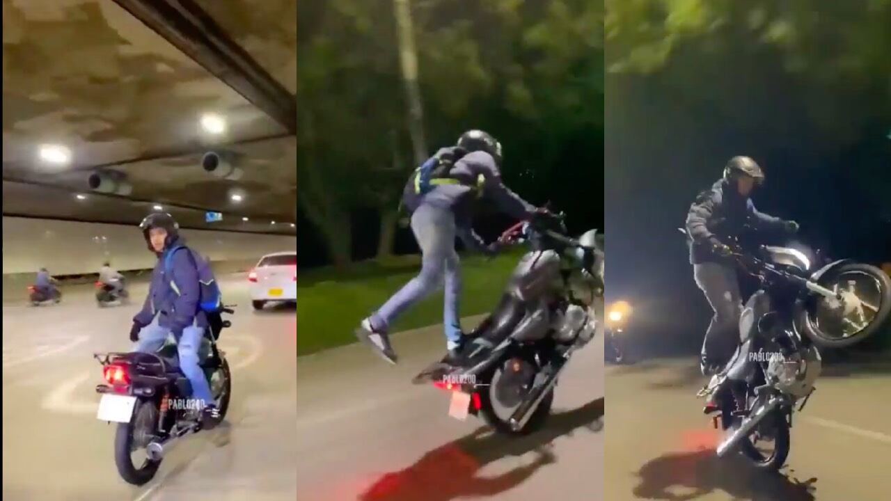 Motociclista haciendo maniobras peligrosas en En el sector del soterrado de Parques del Río, Medellín.