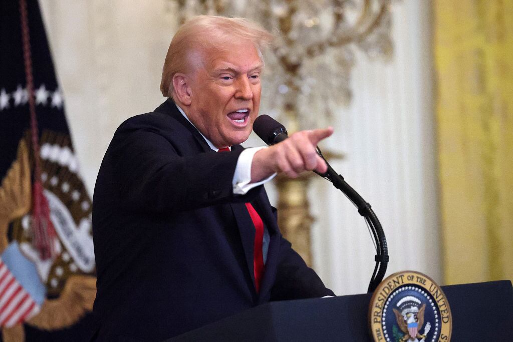 WASHINGTON, DC - MARCH 26: U.S. President Donald Trump gestures while speaking during a Women's History Month event in the East Room of the White House on March 26, 2025 in Washington, DC. President Trump announced the launch of a new caucus named the Republican Women’s Caucus, led by U.S. Rep. Kat Cammack (R-FL). (Photo by Win McNamee/Getty Images)