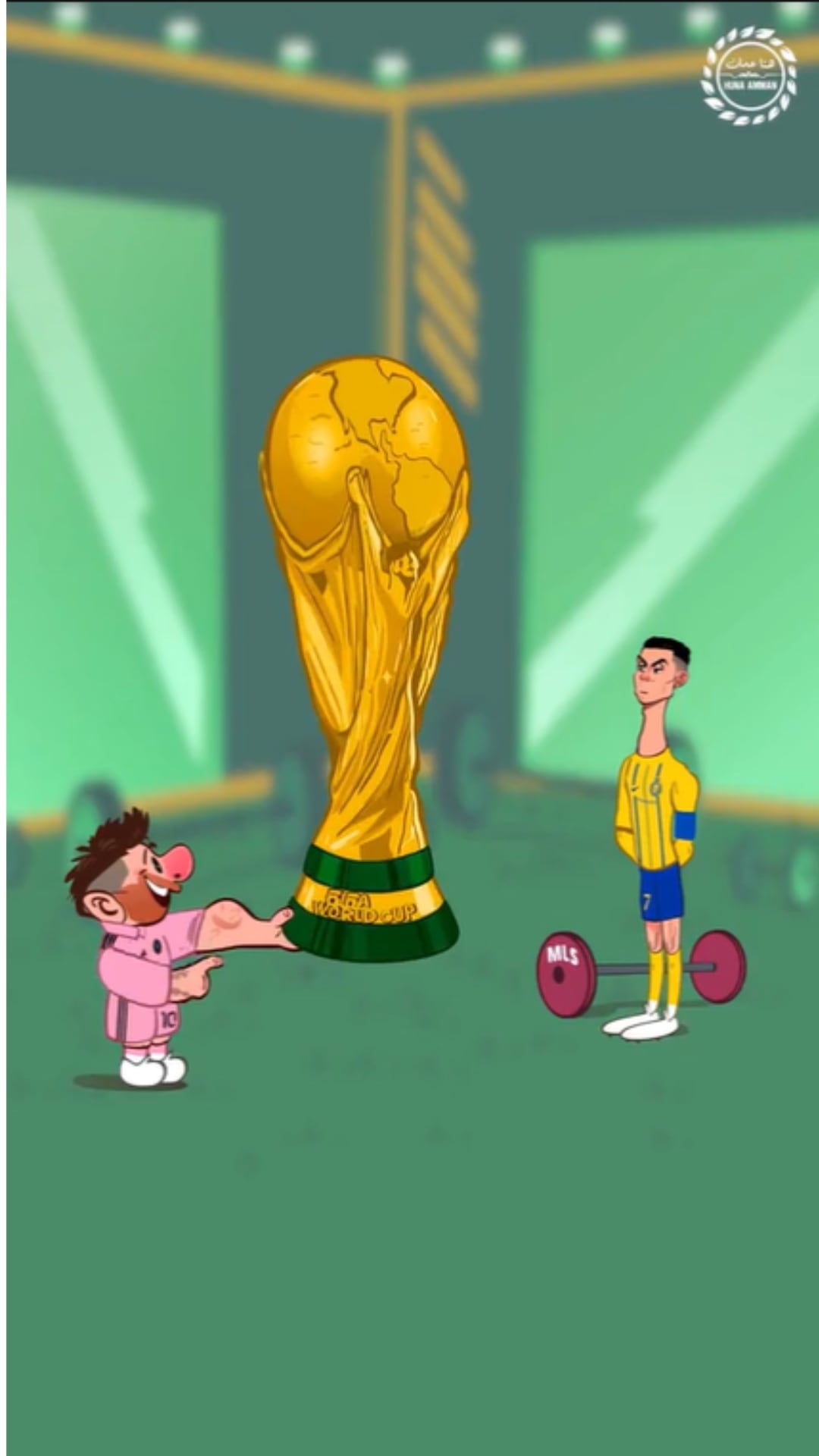 Caricatura de Messi enseñando la Copa del Mundo a Cristiano Ronaldo.