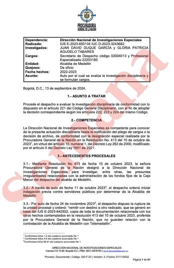 Daniel Quintero, documento Procuraduría, Juan David Duque