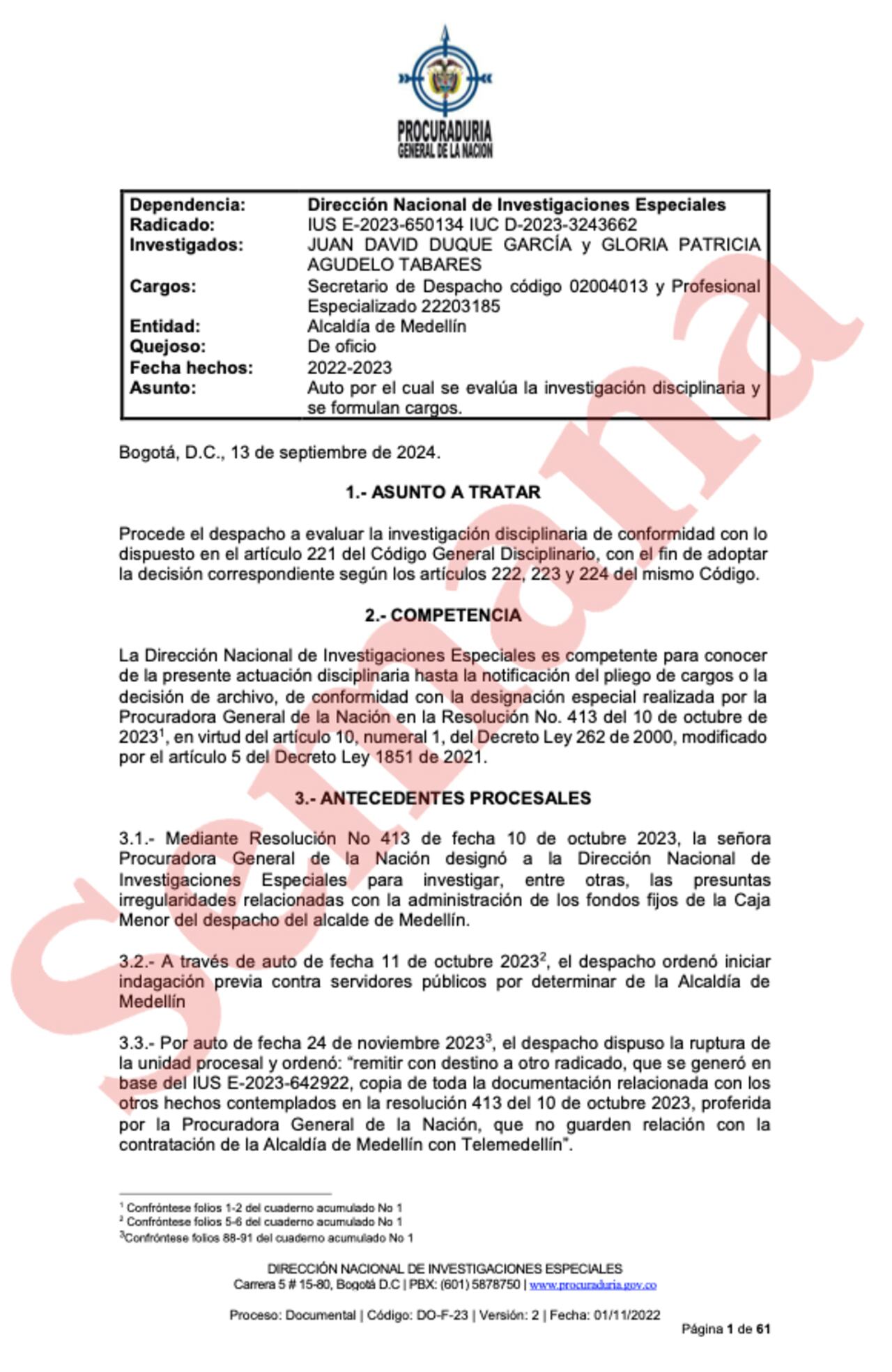 Daniel Quintero, documento Procuraduría, Juan David Duque