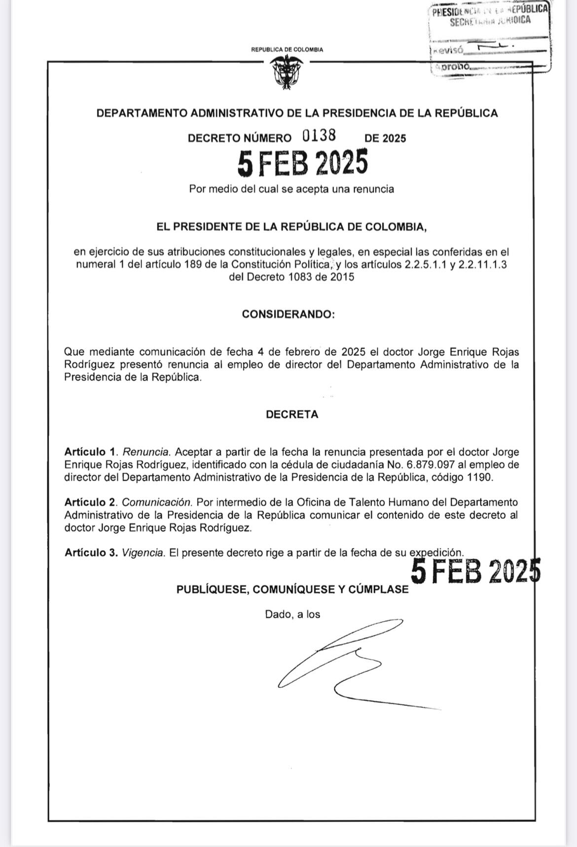 Decreto aceptación de renuncia de Jorge Rojas a la dirección del Dapre