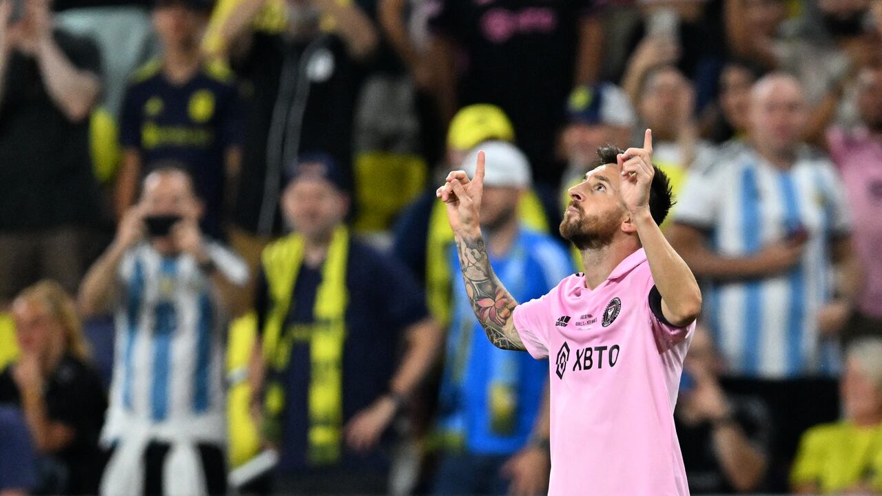 Inter Miami's Argentine forward #10 Lionel Messi celebrates after scoring a goal during the Leagues Cup final football match between Nashville SC and Inter Miami in at Geodis Park in Nashville, Tennessee, on August 19, 2023. (Photo by CHANDAN KHANNA / AFP)