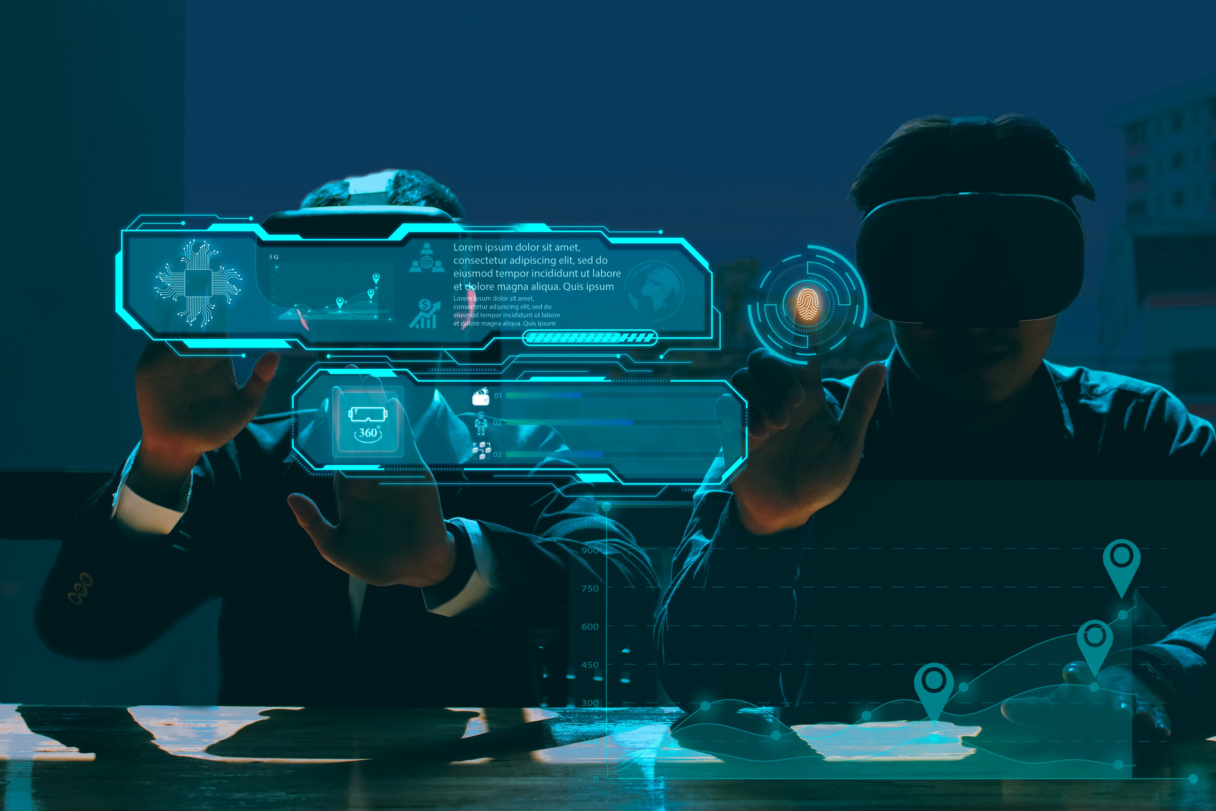 business trends 2022-2025 technology, automation, megatrends, business direction. man is touching metaverse systems in future Digital avatars for customer service, 5G technology, blockchain storage