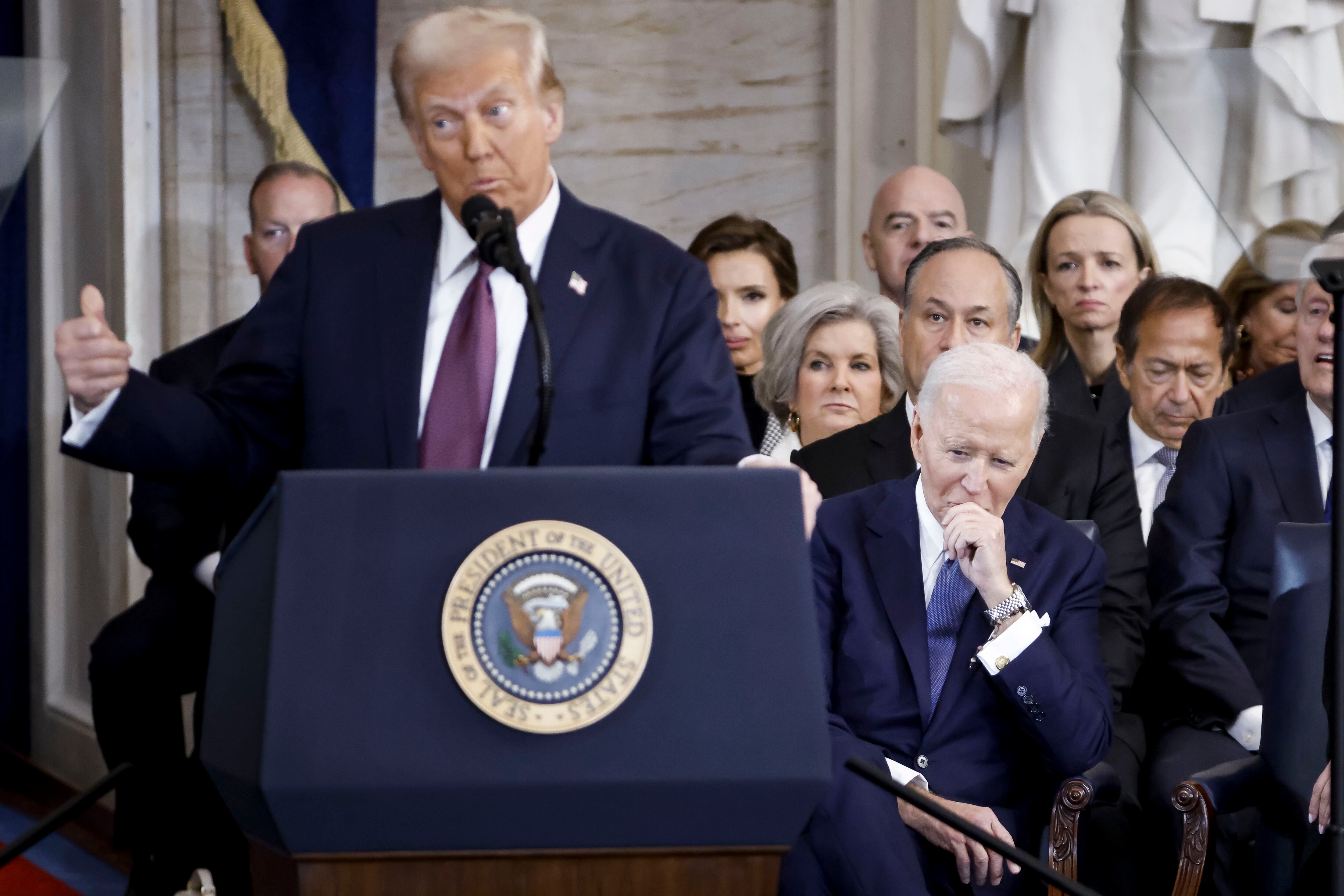 WASHINGTON, DC - JANUARY 20: Former US President Joe Biden (R) listens as US President Donald Trump (L) delivers remarks after being sworn in as the 47th president of the United States in an inauguration ceremony in the Rotunda of the United States Capitol on January 20, 2025 in Washington, DC. Donald Trump takes office for his second term as the 47th President of the United States. (Photo by Shawn Thew-Pool/Getty Images)