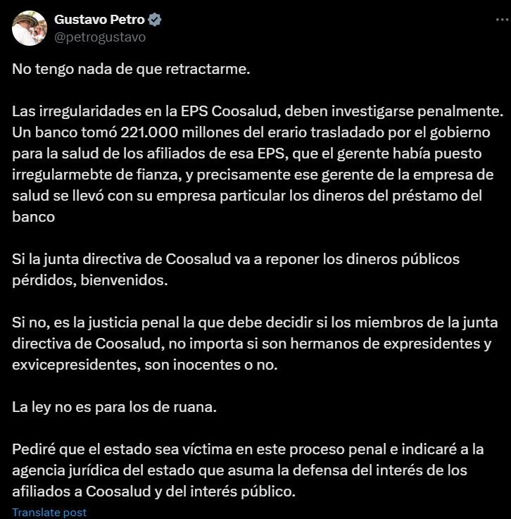 Petro rechaza retractación sobre Coosalud y pide investigación penal