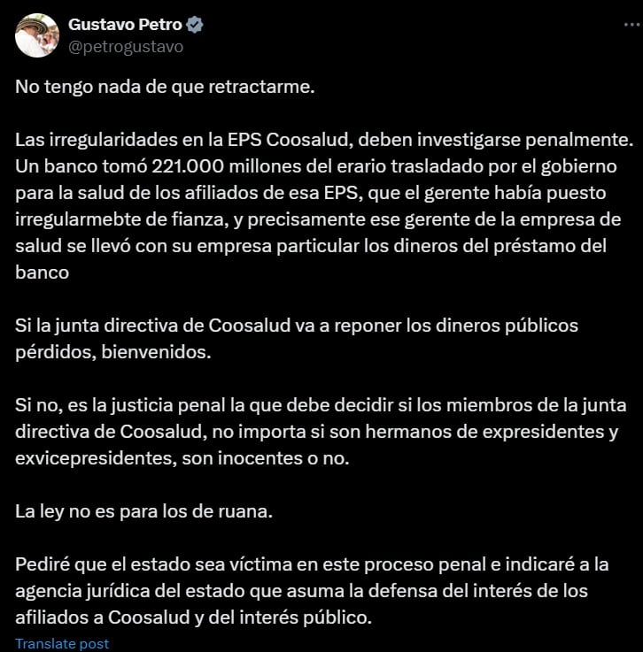 Petro rechaza retractación sobre Coosalud y pide investigación penal