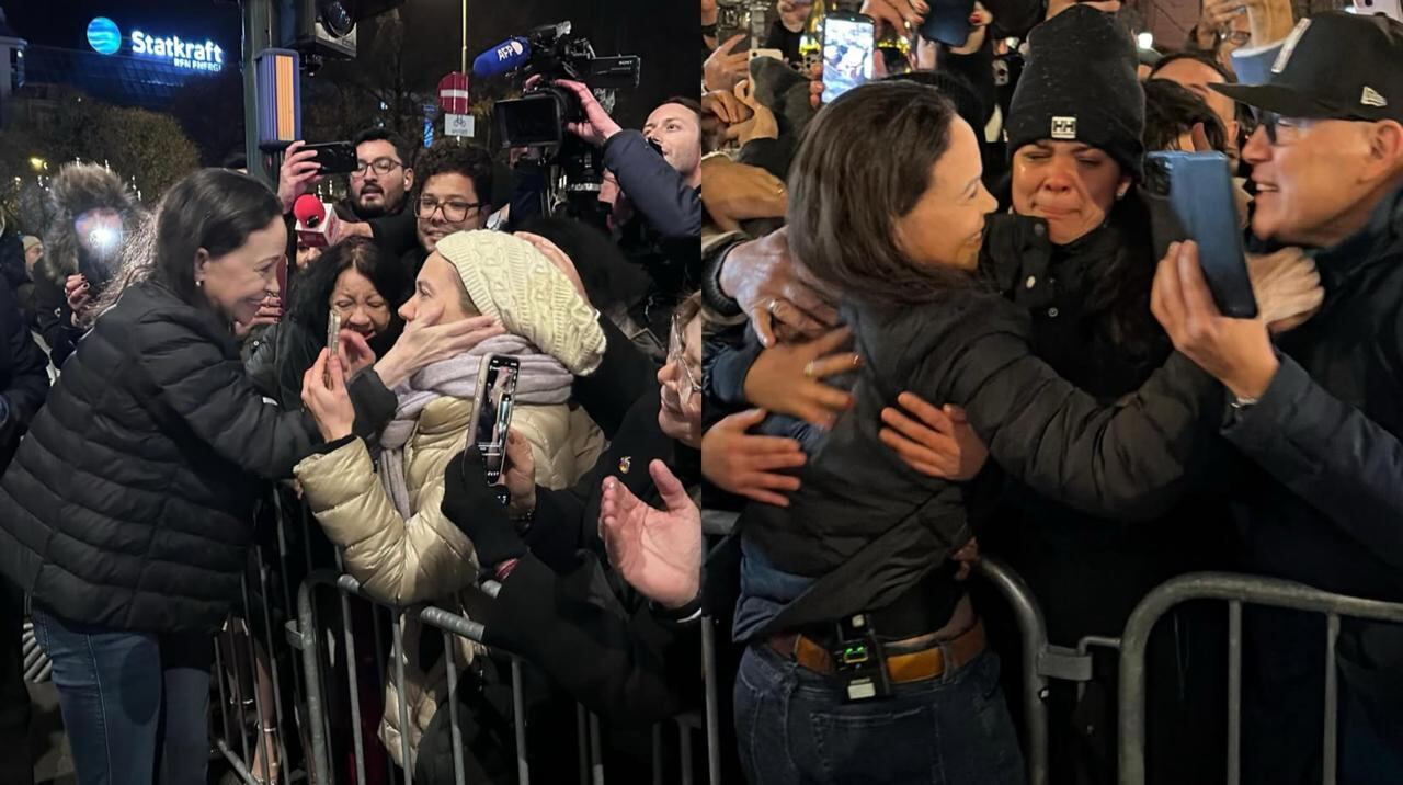 Un centenar de seguidores, en especial venezolanos, la esperaron cantando y gritando consignas por su país.