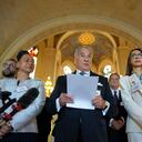 Colombia's agent Eduardo Valencia Ospina, center, and his delegation give a statement at the World Court in The Hague, Netherlands, Thursday, July 13, 2023, where the United Nations' top court rejected a case brought by Nicaragua in a decades-long maritime and sovereignty dispute in the Caribbean with neighboring Colombia. (AP Photo/Peter Dejong)