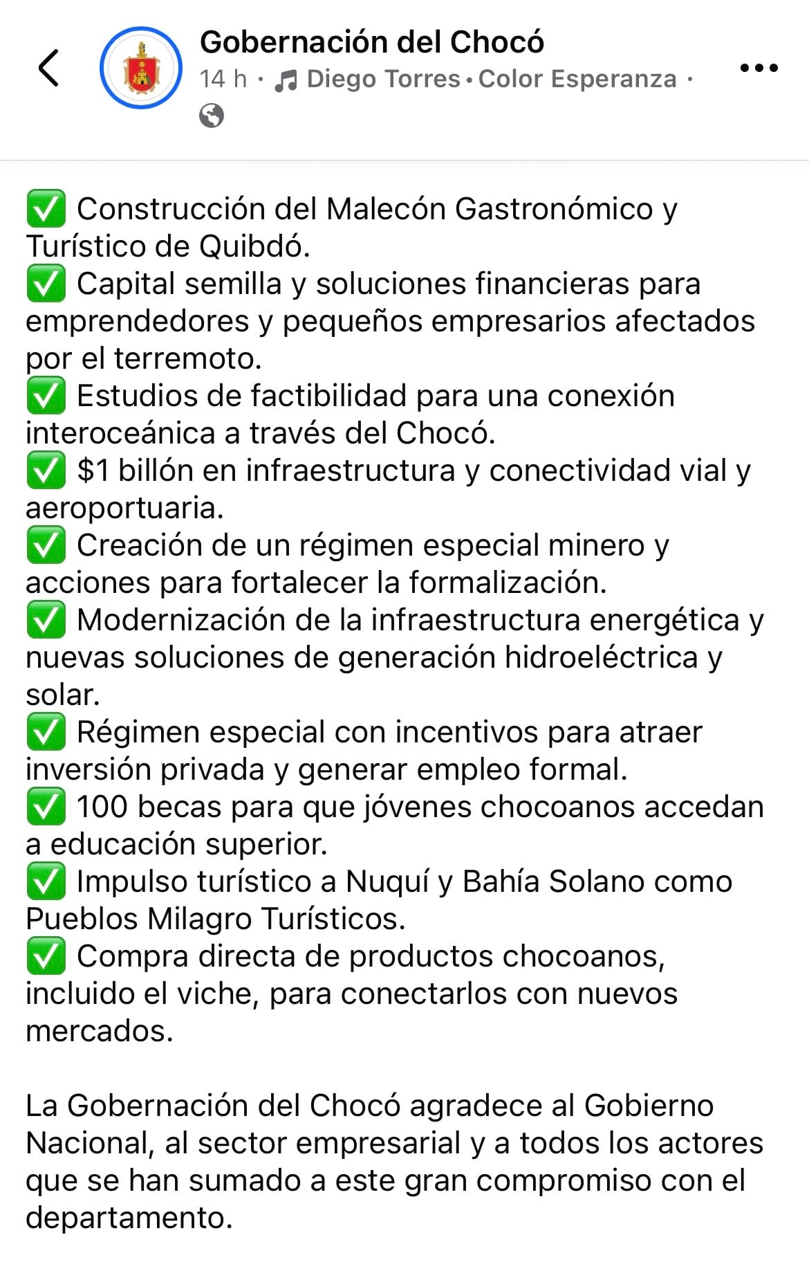 Publicación de la Gobernación de Chocó.
