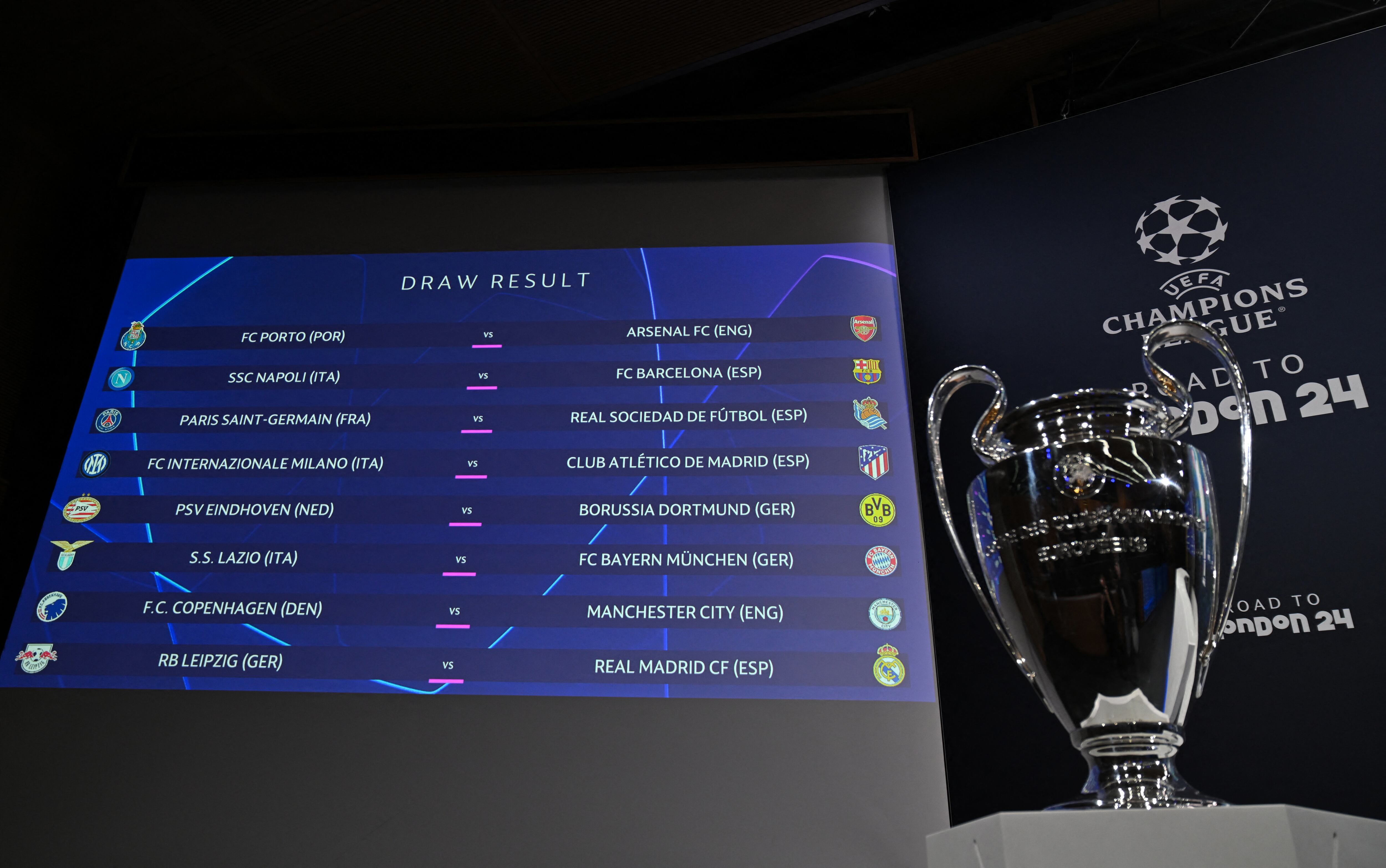 The results are displayed on a screen at the end of the 2023-2024 UEFA Champions League football tournament round of 16 draw at the House of European Football in Nyon, on December 18, 2023. (Photo by Fabrice COFFRINI / AFP)