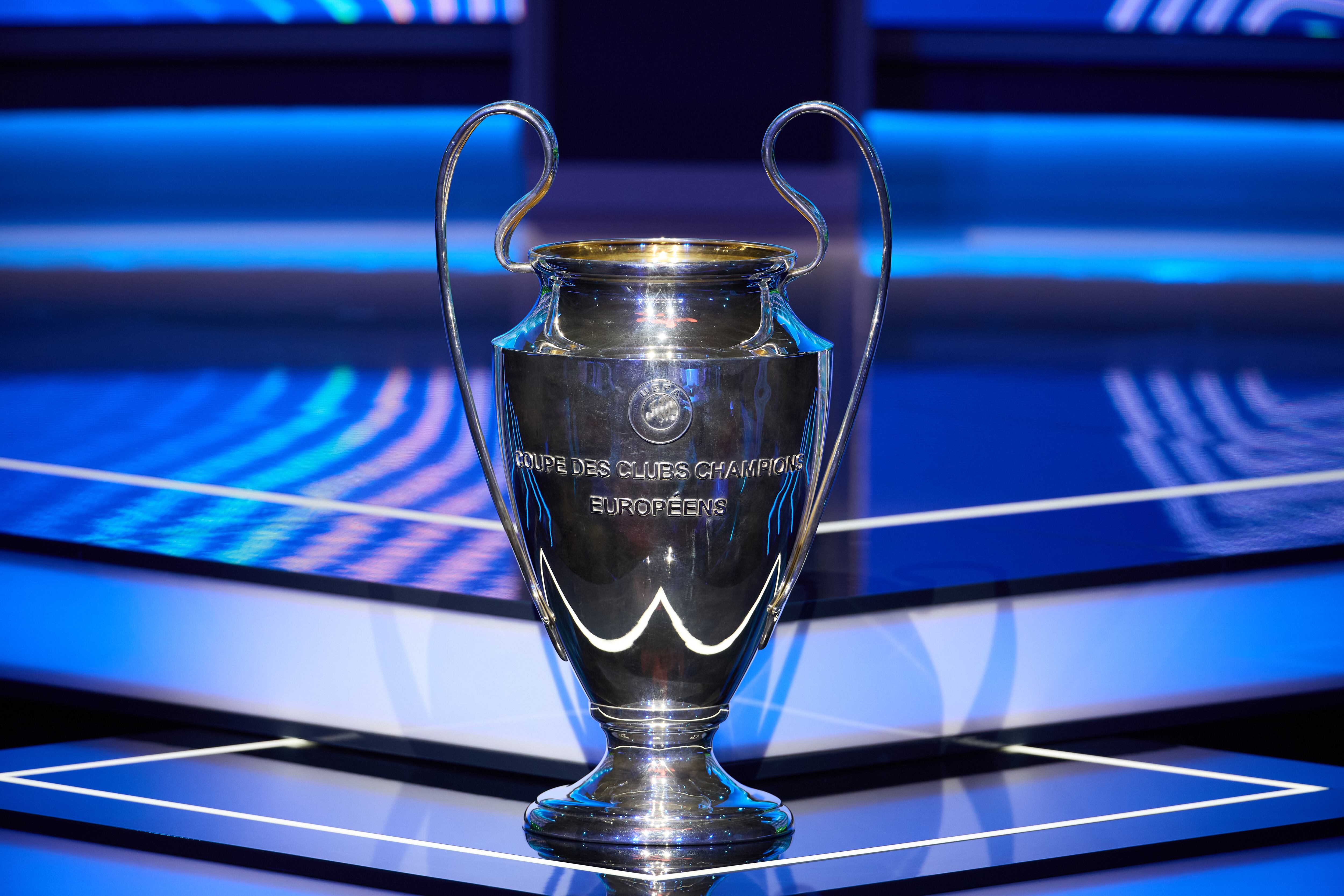 MONACO, MONACO - AUGUST 27: The UEFA Champions League trophy is seen on the stage ahead of the 2025/26 European Club Football Season Kick-Off on August 27, 2025 in Monaco, Monaco. (Photo by Francesco Scaccianoce - UEFA/UEFA via Getty Images)