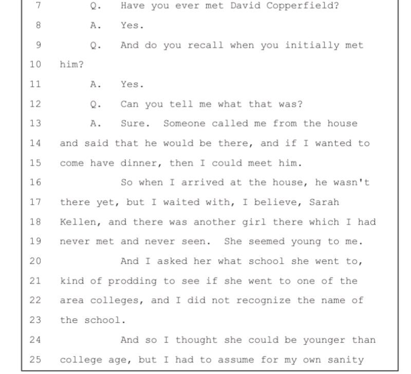 Según el testimonio de Johanna Sjolberg en su declaración en la demanda civil contra Ghislaine Maxwell (2016), el famoso mago David Copperfield (judío) tenía conocimiento de las actividades de tráfico sexual del Sr. Epstein.