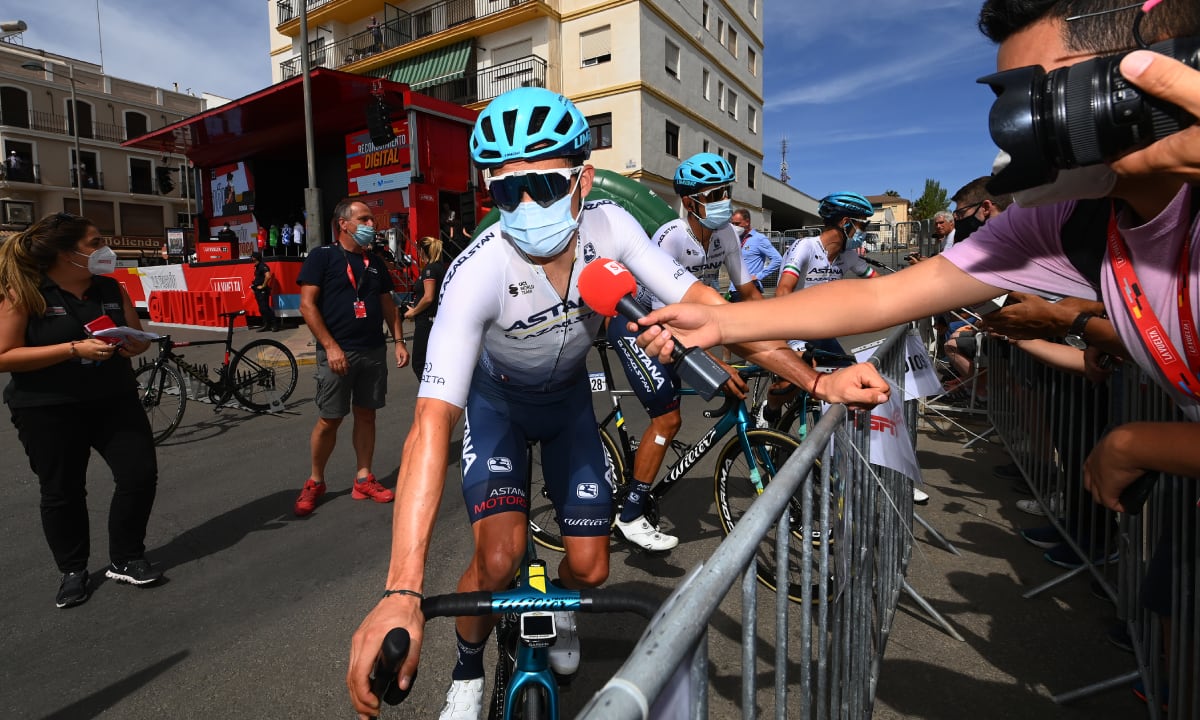 MONTILLA, SPAIN - SEPTEMBER 02: Miguel Ángel López Moreno of Colombia and Team Astana – Qazaqstan meets the media press at start prior to the 77th Tour of Spain 2022, Stage 13 a 168,4km stage from Ronda to Montilla 315m / #LaVuelta22 / #WorldTour / on September 02, 2022 in Montilla, Spain. (Photo by Tim de Waele/Getty Images)