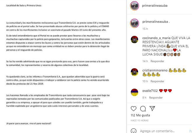 Este era el comunicado de la Primera Línea de Suba amenazando a TransMilenio y pasajeros. Este viernes el contenido fue borrado de redes sociales.