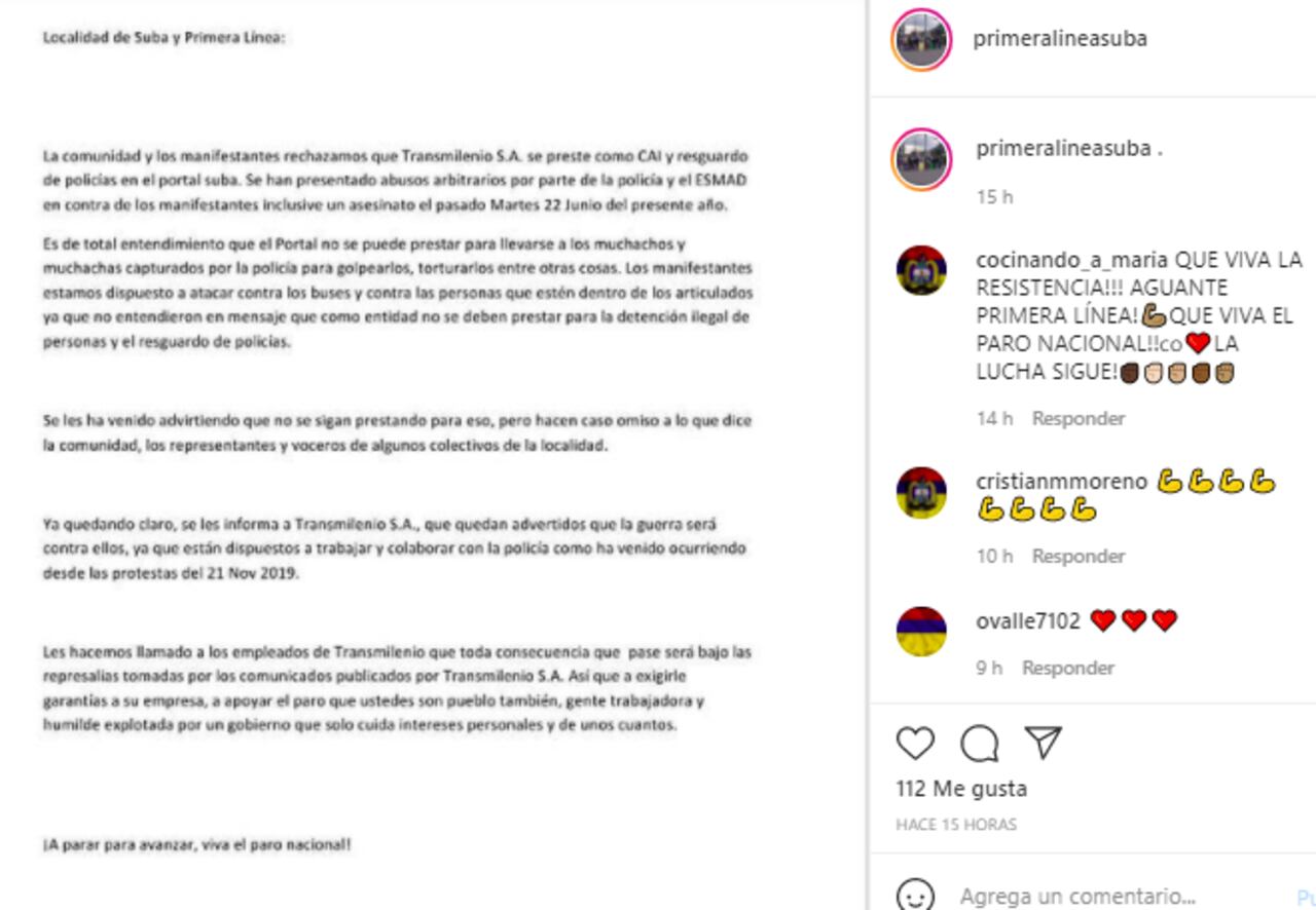 Este era el comunicado de la Primera Línea de Suba amenazando a TransMilenio y pasajeros. Este viernes el contenido fue borrado de redes sociales.