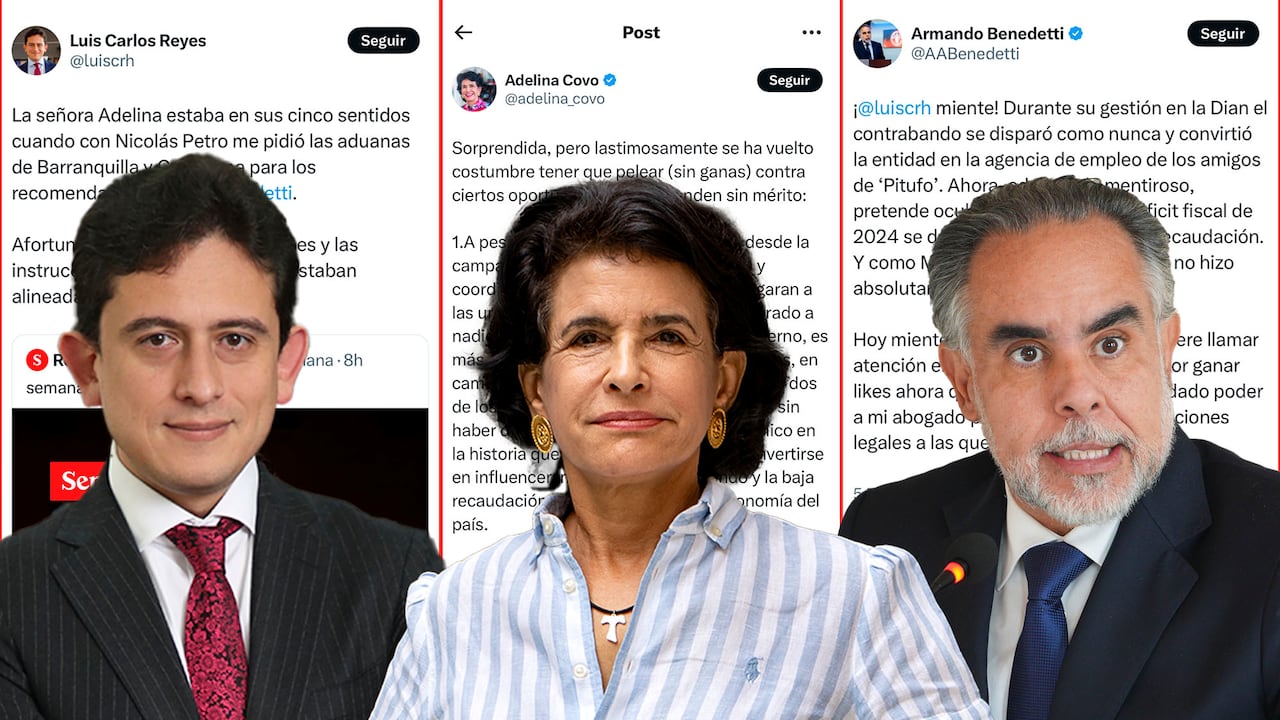 Luis Carlos Reyes, Adelina Covo y Armando Benedetti. De fondo, los mensajes que, en su momento, se cruzaron en la red social X.